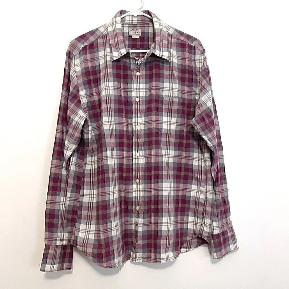 J. CREW Mens Madras Shirts Tailored Purple Gray Plaid Long Sleeve Button Down L